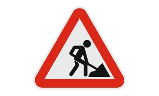 Rotes Warndreieck mit Bauarbeiter in Mitte, Symbol für Baustelle